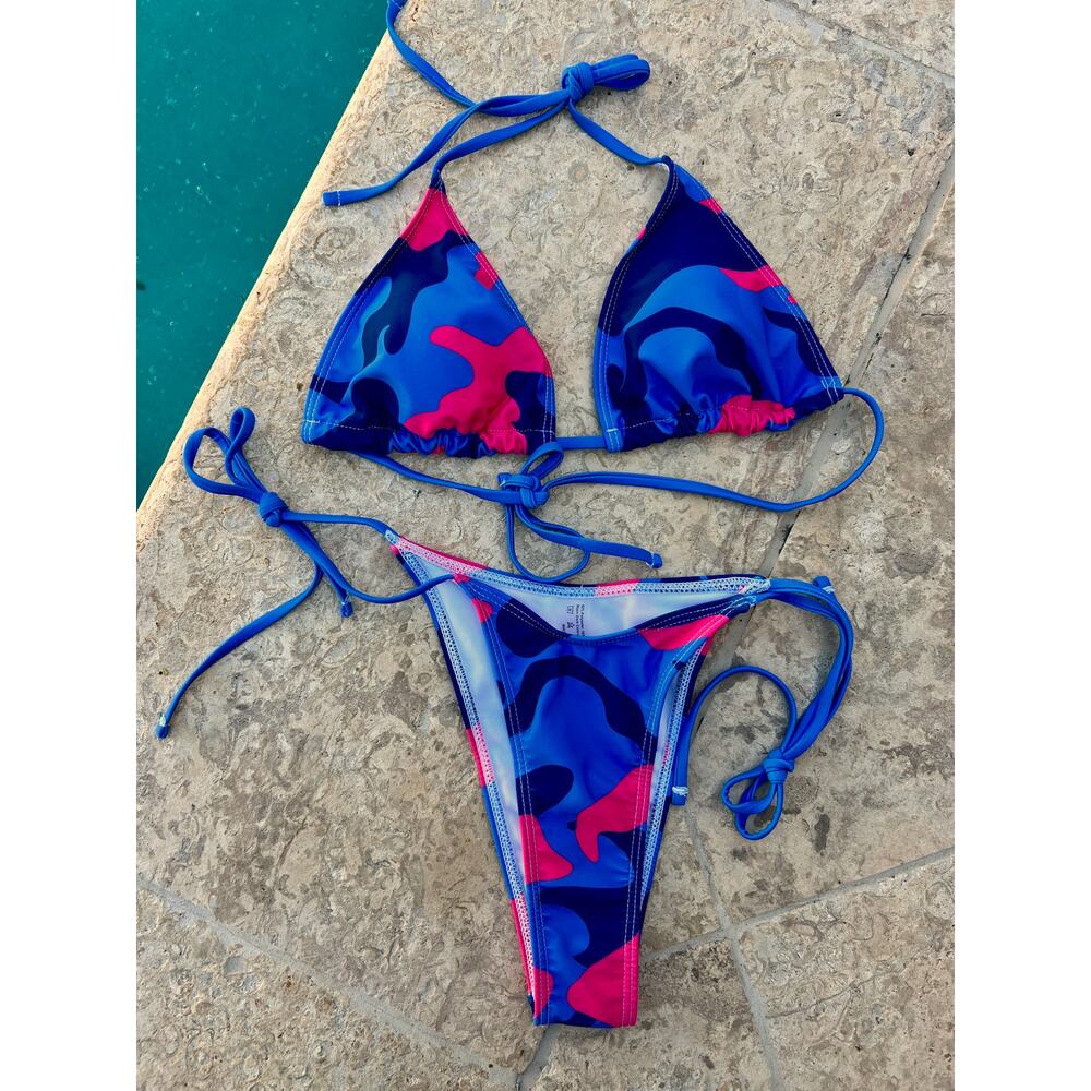 Camouflage Triangle Top Side Tie High Waist String Bikini Large
